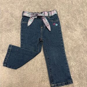 Vintage Wide Leg Girls Dark Blue Denim Pants with Plaid Tie Waist